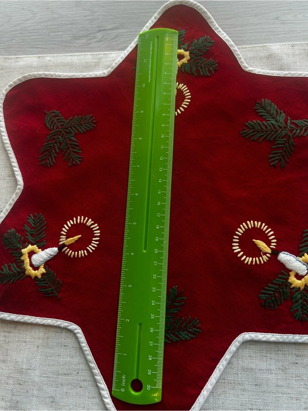 Embroidered Red Star Holiday Table Accent with Candle Motifs